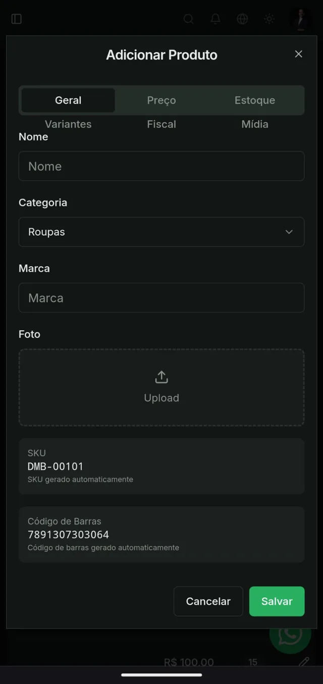 Tela de Cadastro de produto do sistema Domus BI no celular